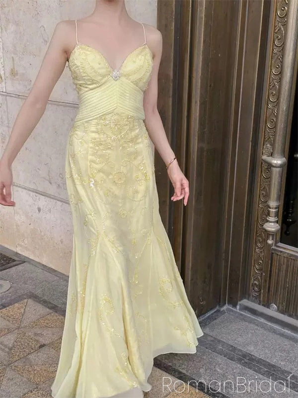 Cute Spaghetti Strap Sleeveless Mermaid Lace Long Evening Prom Dresses Online, OLP758