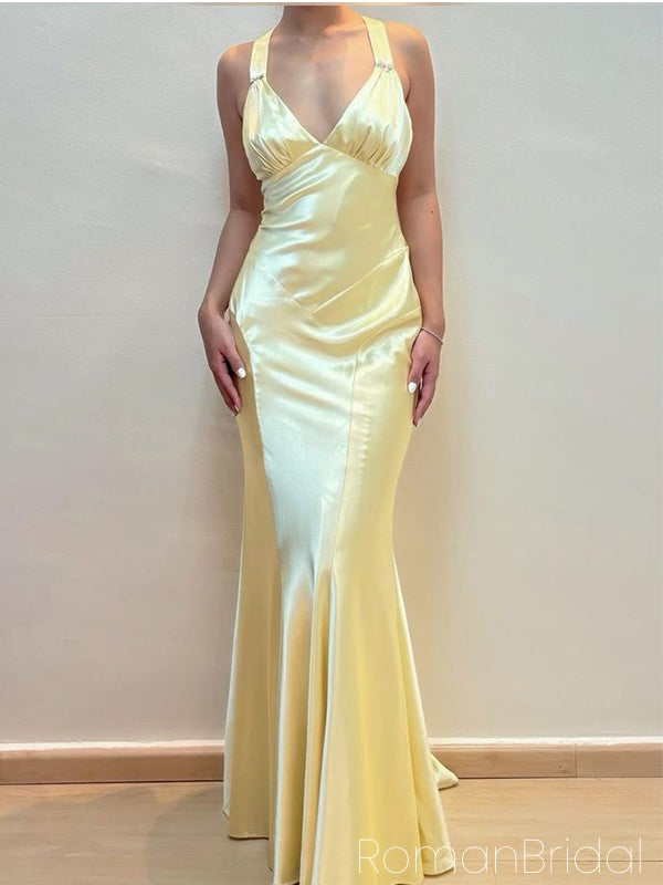 Sexy V-neck Sleeveless Mermaid Satin Evening Prom Dresses Online, OLP941