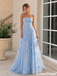 Modern Sky Blue Strapless 3D Floral Tulle Long Prom Dress,OLP2483