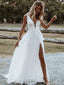 Simple V-neck Sleeveless A-line White Long Tulle Wedding Dresses With Trailing, WD0548