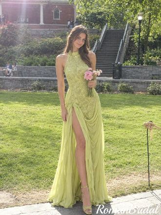 Elegant Lime Green Halter Neck Sleeveless Chiffon Prom Dress with High Slit,OLP2407