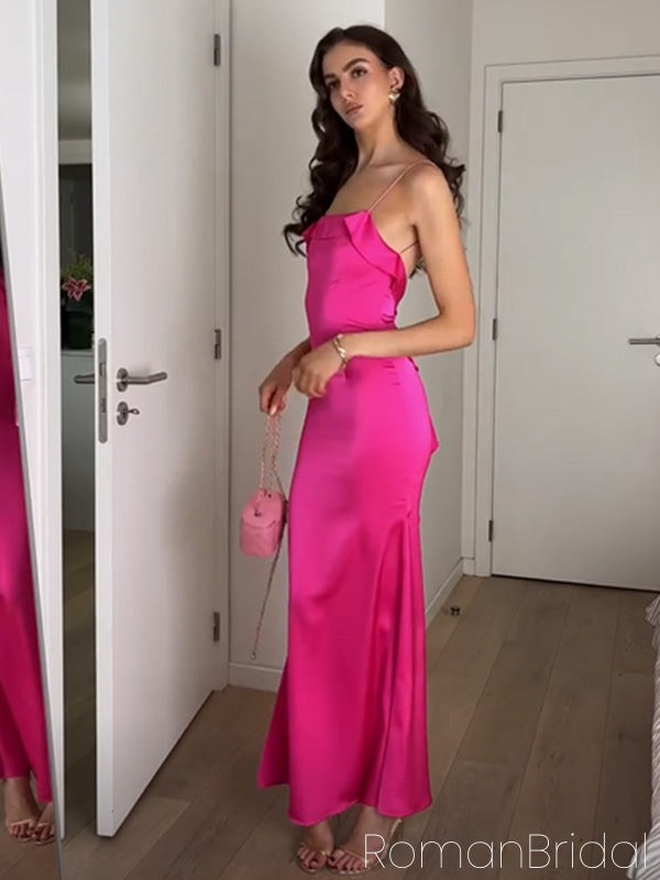 Soft Spaghetti Strap Sleeveless Mermaid Satin Evening Prom Dresses Online, OLP820