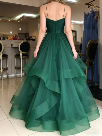 Elegant Spaghetti Straps A-line Tulle Green Long Prom Dresses Online, OL700