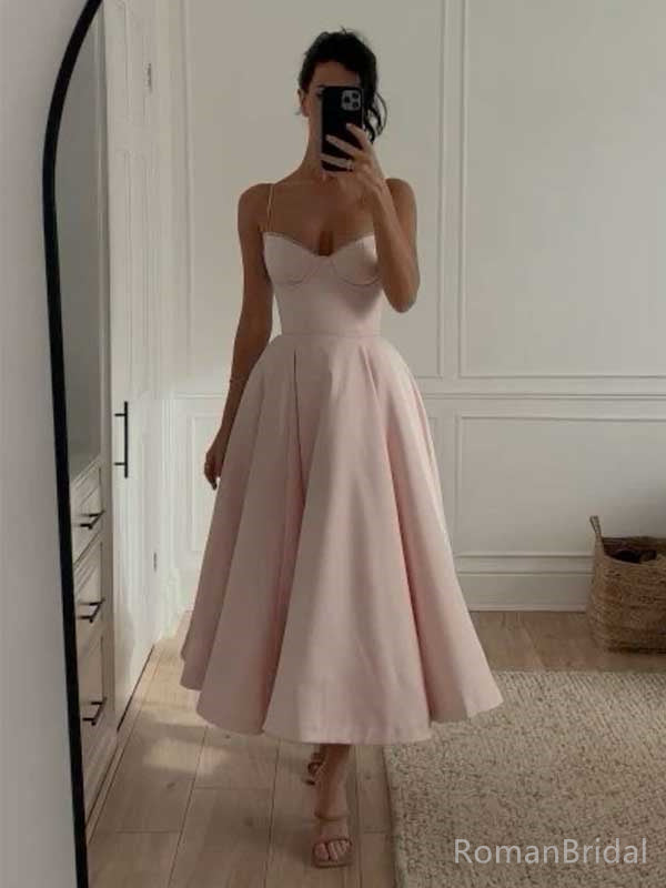 Spaghetti Strap Sleeveless A-line Crepe Pink Long Prom Dresses Online, OL510