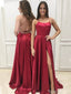 Formal Spaghetti Strap Sleeveless A-line Satin Long Prom Dresses With Slit Online, OL482