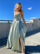 Formal Spaghetti Strap Sleeveless A-line Satin Long Prom Dresses With Slit Online, OL486