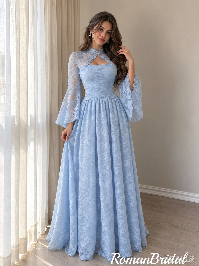 Pretty Light Blue Floral Lace Prom Dress Beautiful Bell Sleeve A-Line Long Formal Party Gown,OLP2443