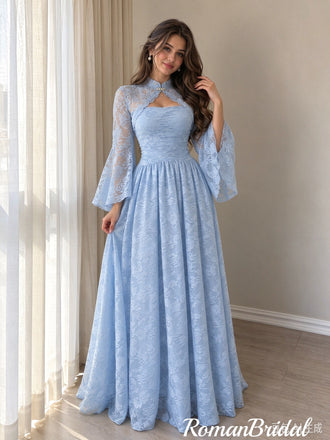 Pretty Light Blue Floral Lace Prom Dress Beautiful Bell Sleeve A-Line Long Formal Party Gown,OLP2443