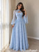 Pretty Light Blue Floral Lace Prom Dress Beautiful Bell Sleeve A-Line Long Formal Party Gown,OLP2443