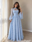 Pretty Light Blue Floral Lace Prom Dress Beautiful Bell Sleeve A-Line Long Formal Party Gown,OLP2443
