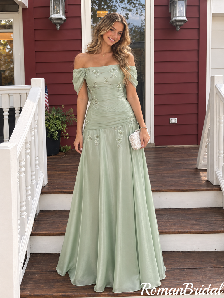 Pretty Sage Green Off-Shoulder Embroidered Chiffon A-Line Prom Dress,OLP2471