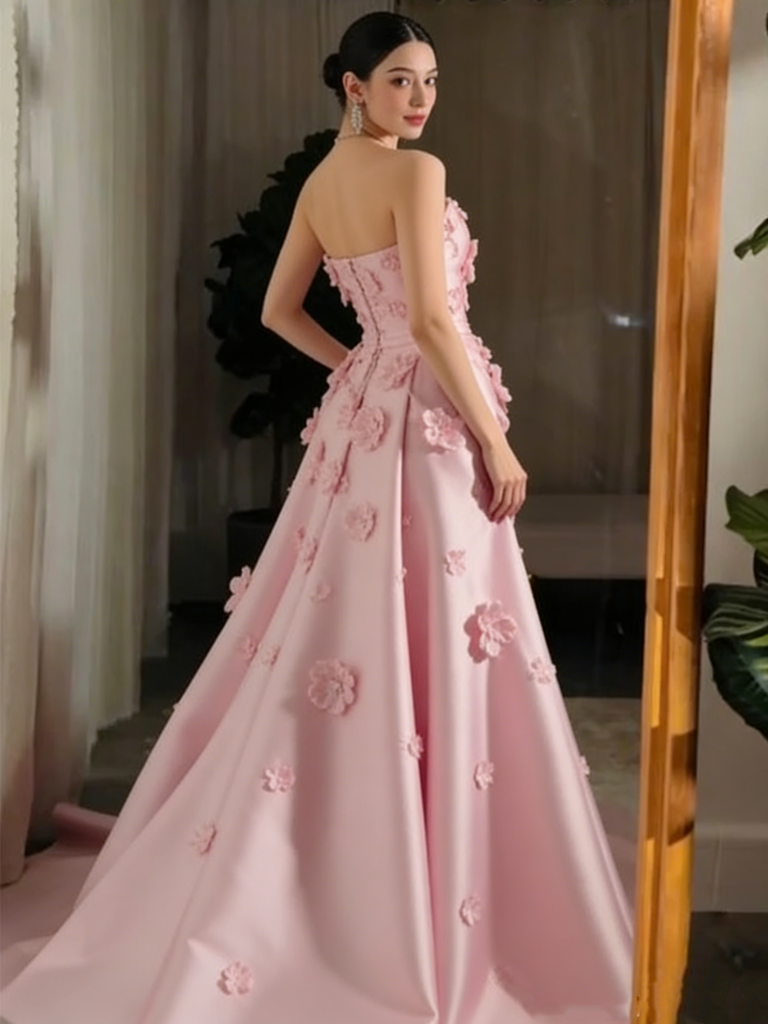 Elegant Pink Floral Sweetheart A-Line Long Prom Dress Ideas, Evening Party Dresses , OLP1243