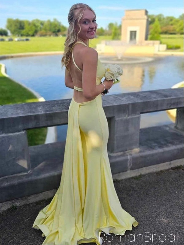 Sexy V-neck Sleeveless Mermaid Satin Evening Prom Dresses Online, OLP982