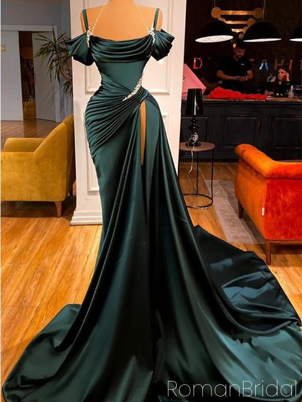 Sexy Off-shoulder Sleeveless Mermaid Satin Evening Prom Dresses Online, OLP859