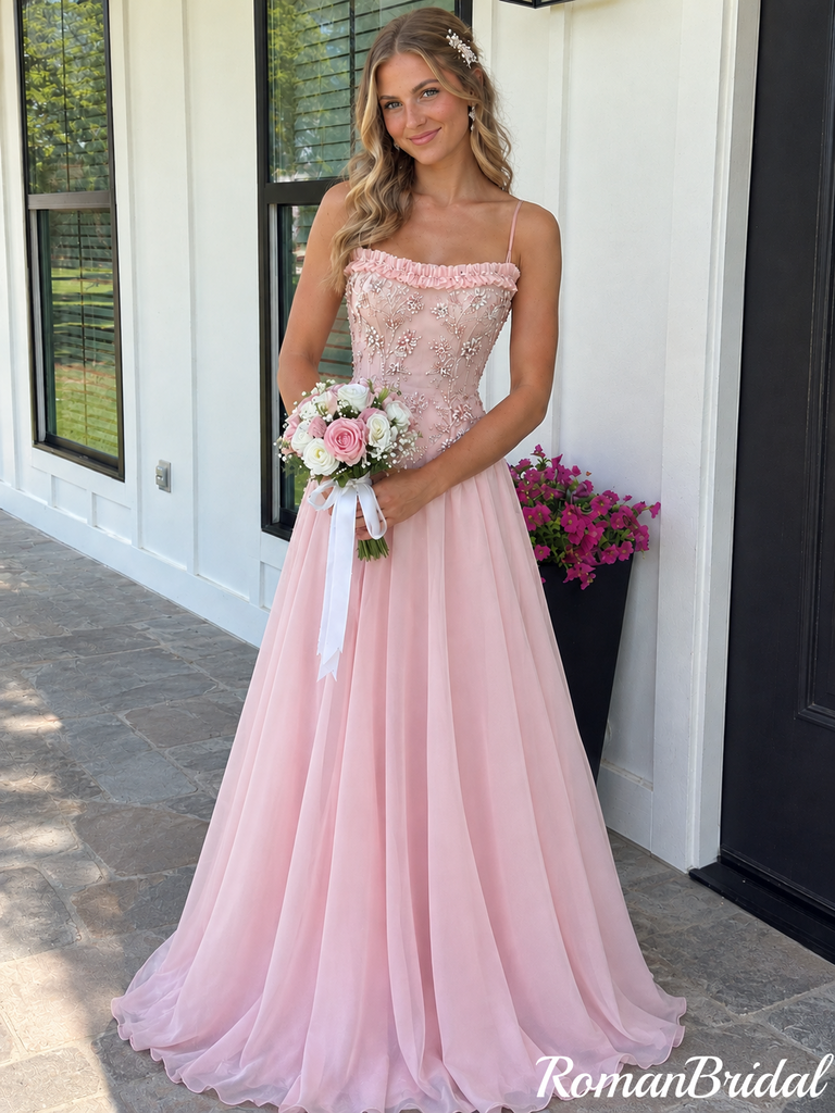 Pretty Pink Embroidered Spaghetti Strap Chiffon Prom Dress,OLP2451