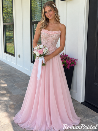 Pretty Pink Embroidered Spaghetti Strap Chiffon Prom Dress,OLP2451
