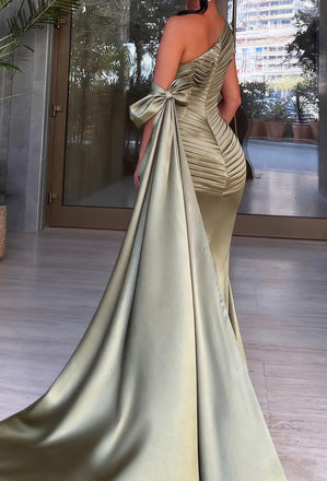 Elegant Green One-Shoulder Sleeveless Mermaid Long Prom Dress Ideas, Evening Party Dresses ,OLP1178