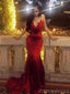 Sexy V-neck Spaghetti Strap Sleeveless Mermaid Satin Red Long Prom Dresses Online, OLP660