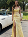 Modern Yellow Floral Lace Prom Dress Strapless Cowl Neck High Slit Corset Gala Gown, OLP1708