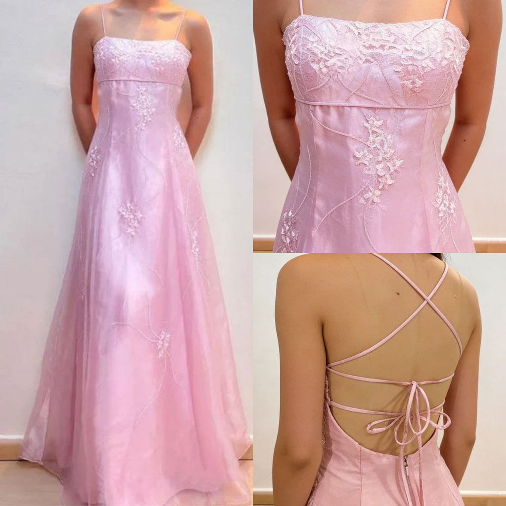Embroidered Pink Strap Long Prom Dress Applique Modern Elegant Evening Gown,OLP2136