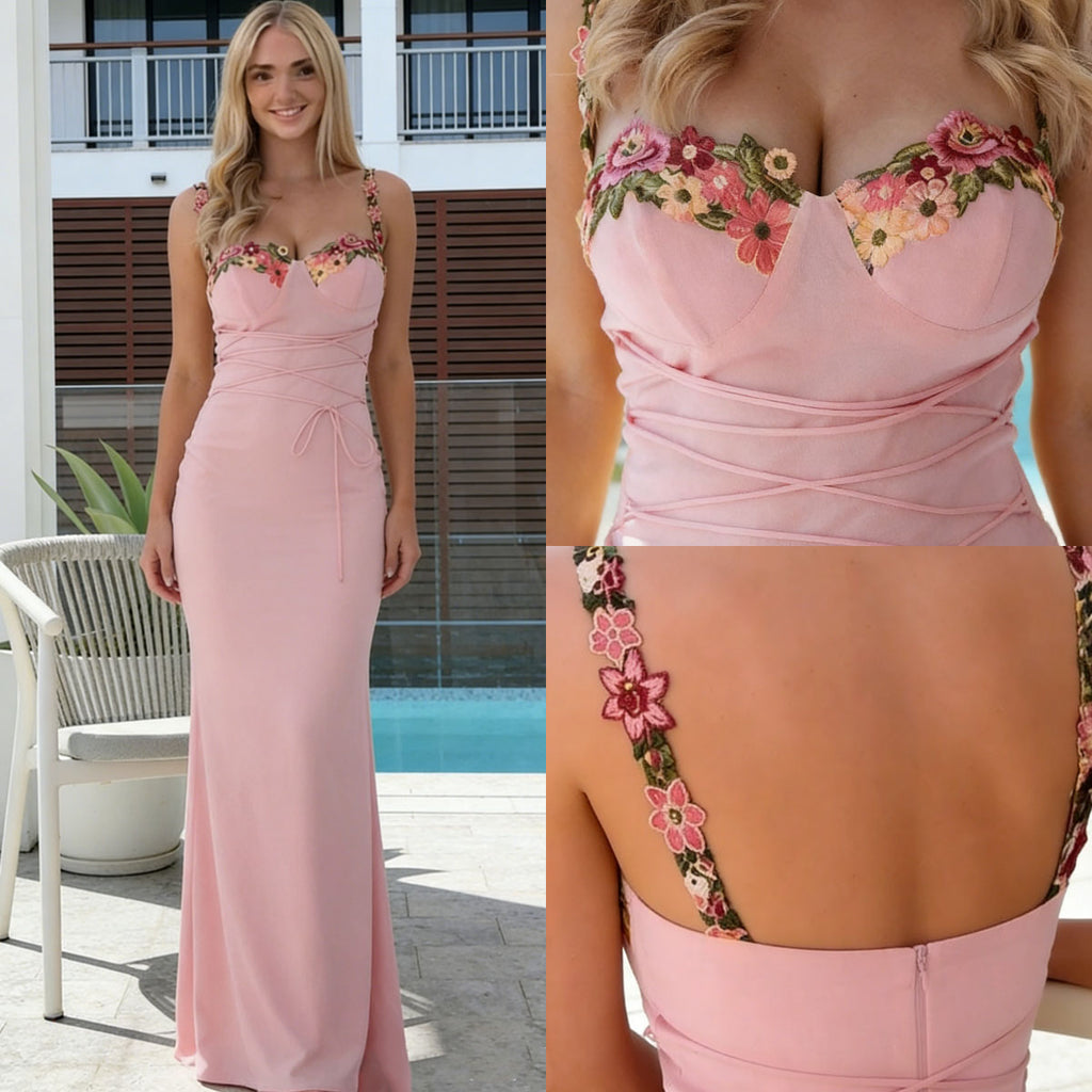 Classy Pink Mermaid Prom Dress Floral Embroidered Bustier Straps Long Party Wear,OLP2155