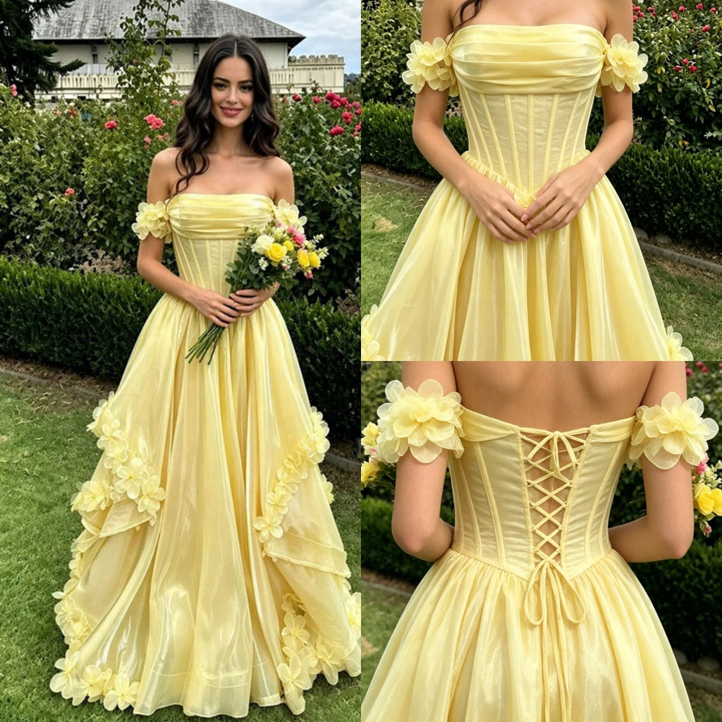 Pretty Yellow Off the Shoulder Prom Dress with 3D Floral Applique Edging,OLP2233