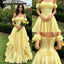 Pretty Yellow Off the Shoulder Prom Dress with 3D Floral Applique Edging,OLP2233