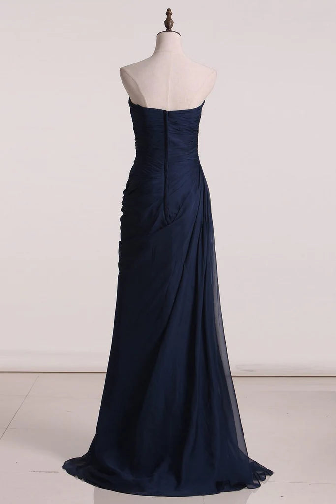 Dark Navy Strapless A-line Tulle Straight Neck Long Evening Prom Dress Online, OL028