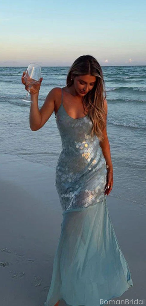 Sparkly Blue Spaghetti Strap Mermaid Long Prom Dress Ideas, Evening Party Dresses, OLP1586