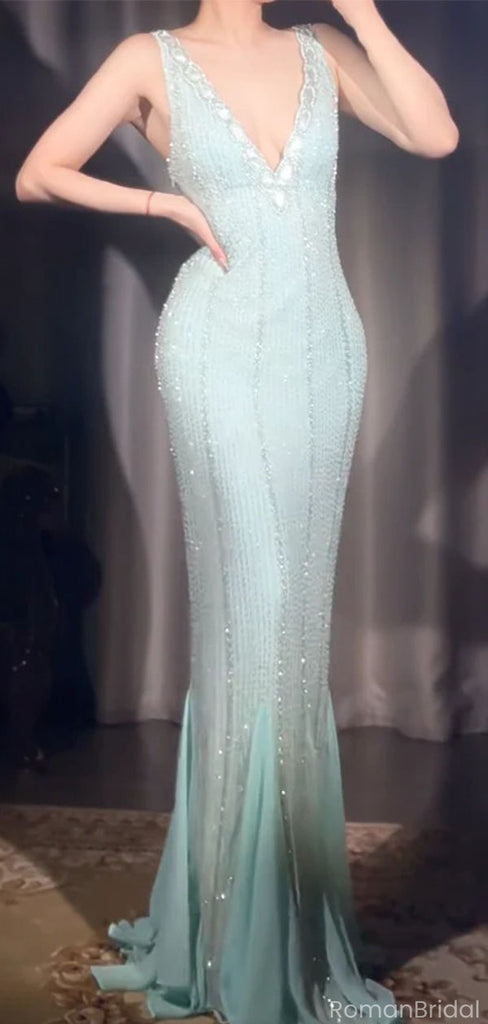 Elegant V-Neck Mermaid Long Prom Dress Ideas, Evening Party Dresses, OLP1539