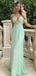 Chic Mint Green V-neck Cut-Out Waist Evening Gown with Beaded Brooch,OLP1886