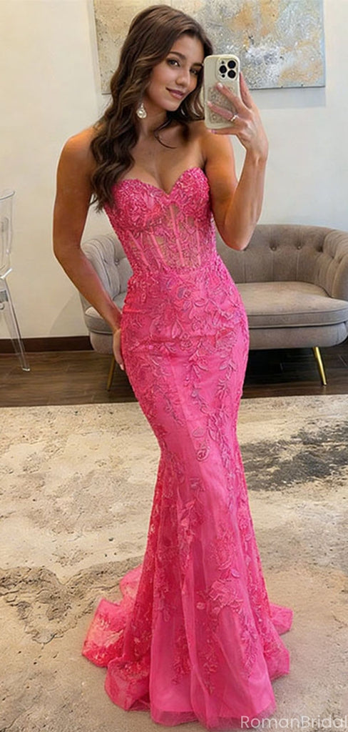 Stunning Hot Pink Lace Prom Dress Mermaid Strapless Embroidered Gown,OLP1789