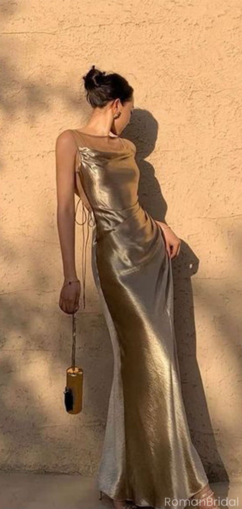 Sexy Gold Spaghetti Strap Mermaid Long Prom Dress Ideas, Evening Party Dresses, OLP1411