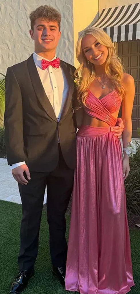 Modern Metallic Pink Two-Piece Prom Dress Cutout Waist Shimmering Ball Gown,OLP1876