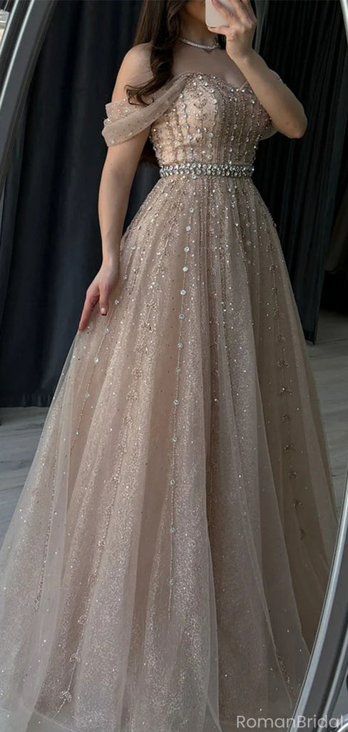 Elegant Pink Off-Shoulder A-Line Long Prom Dress Ideas, Evening Party Dresses, OLP1561