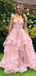 Beautiful Blush Pink Lace Prom Dress V-Neck Spaghetti Straps Ruffled Tulle Ball Gown, OLP1700