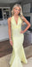 Pretty Pale Yellow V-Neck Prom Gown Sexy Crisscross Waistband Satin Mermaid Fit,OLP1762