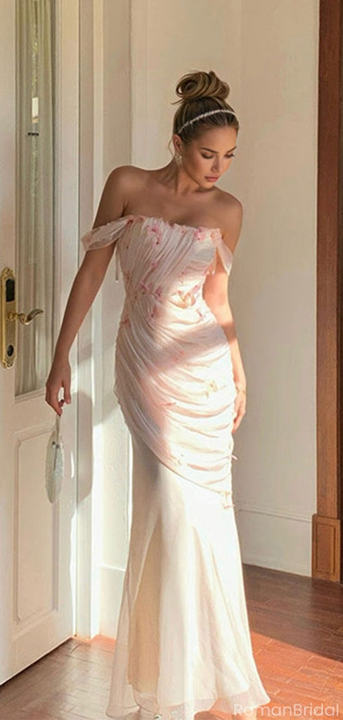 Floral Pink Off-Shoulder Mermaid Long Prom Dress Ideas, Evening Party Dresses, OLP1601