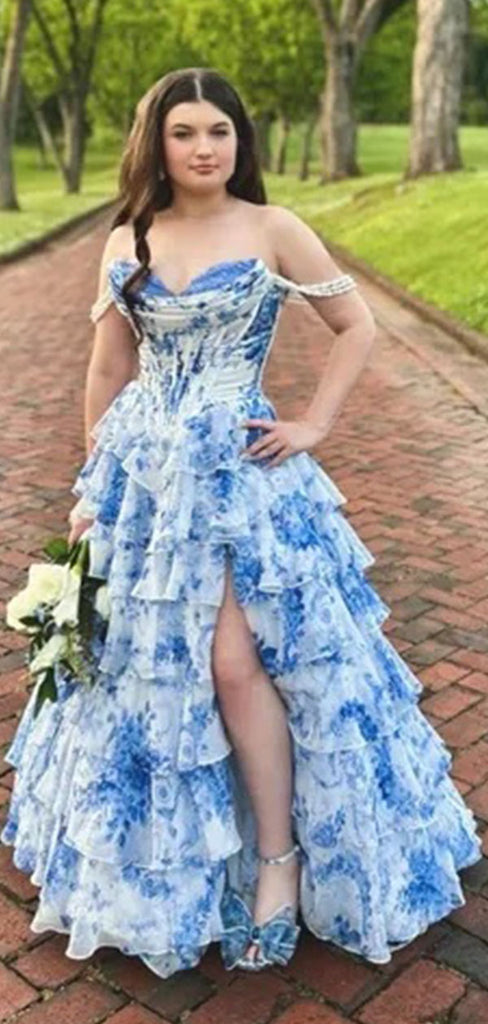 Elegant Blue Off-Shoulder A-Line Long Prom Dress Ideas, Evening Party Dresses , OLP1235