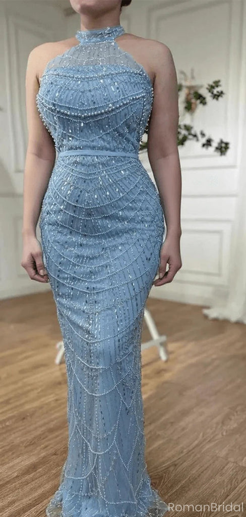 Sparkly Blue High Neck Mermaid Long Prom Dress Ideas, Evening Party Dresses, OLP1530