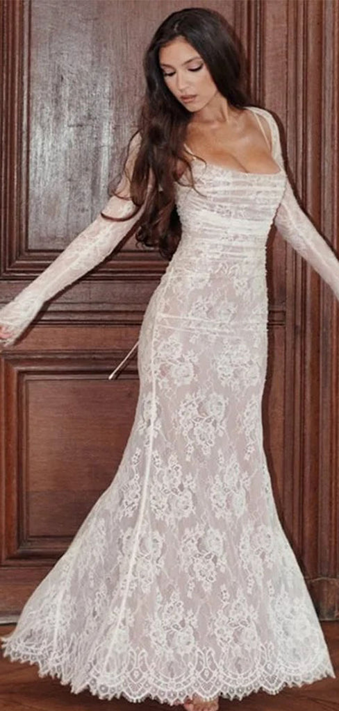 Elegant White Lace Long Sleeve Mermaid Long Prom Dress Ideas, Evening Party Dresses , OLP1203