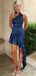 Unique Navy Blue One Shoulder Satin Prom Dress ,Evening Party Dresses,OLP1718