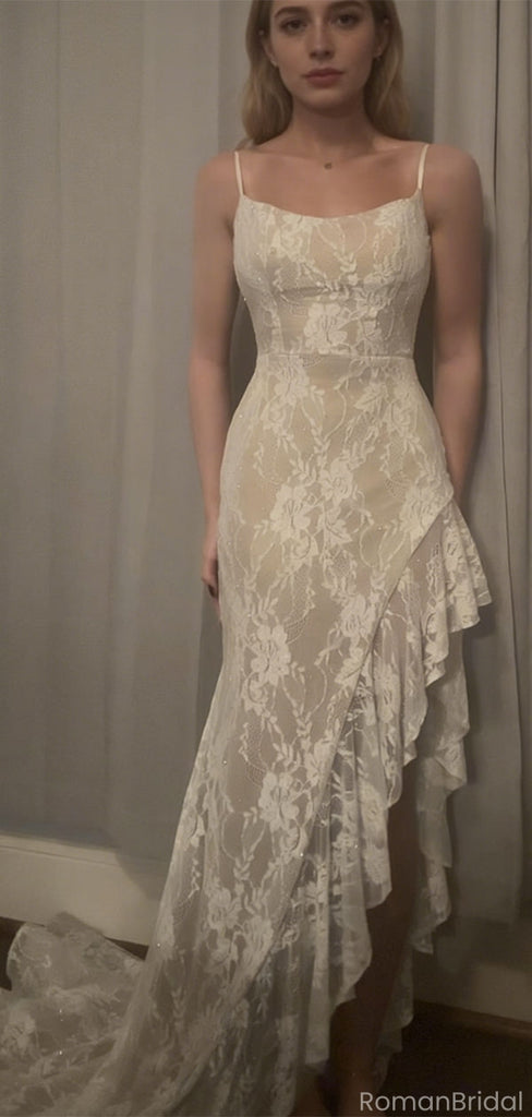 Unique Ivory Lace Mermaid Prom Dress High-Low Ruffle Hem Spaghetti Straps,OLP1797