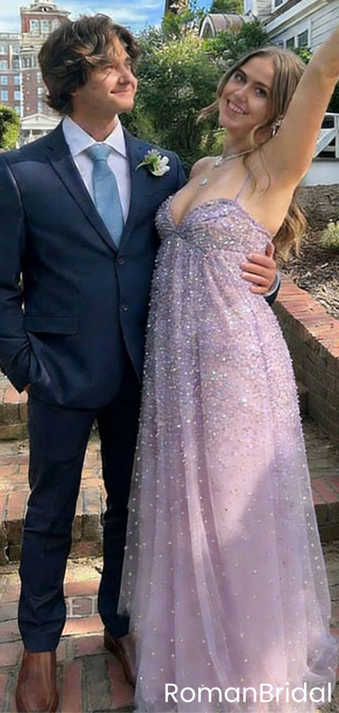 Beautiful Sparkling Lavender Sweetheart V-Neck A-Line Prom Dress,OLP1861