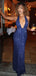 Glittery Navy Blue Halter Prom Gown Deep V-Neck Ruched Sparkle Mermaid Evening Dress,OLP1739