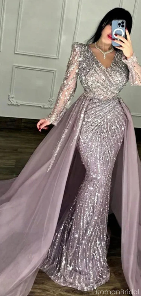 Unique Purple V-Neck Long Sleeve Mermaid Long Prom Dress Ideas, Evening Party Dresses, OLP1549