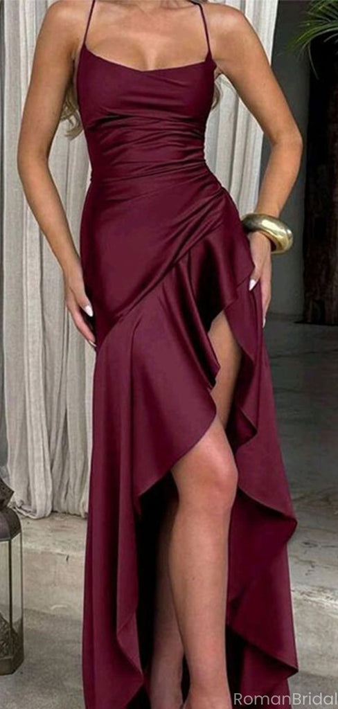 Sexy Burgundy Spaghetti Strap High Low Long Prom Dress Ideas, Evening Party Dresses, OLP1490