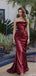 Fancy Wine Red Satin Column Prom Dress with Floral Applique Strapless Neckline,OLP1774