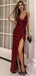 Sexy V-Neck Sparkly Burgundy Sequin Side Slit Evening Dresses,Long Prom Dresses,OLP1713