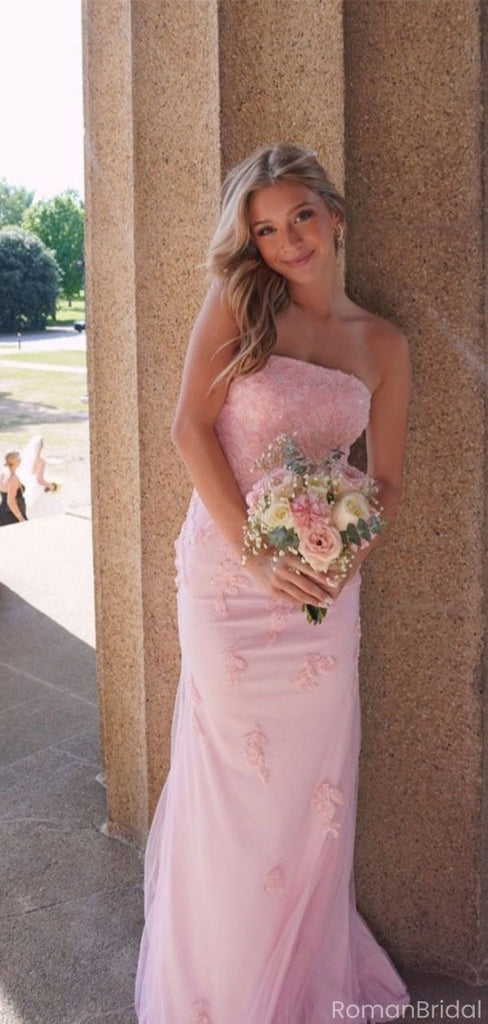 Elegant Pink Strapless Lace Applique Prom Gown Slim Fit Tulle Evening Dress,OLP1849